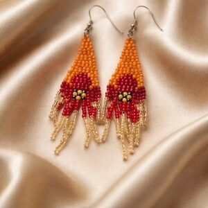 Sunset Colors Hawaiian Floral Seed Bead Earrings Orange Yellow Red Fringe Dangle